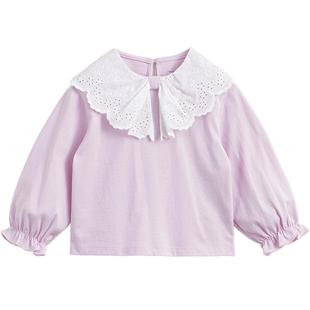 马克珍妮女童甜美镂空花边娃娃领T恤 儿童纯棉秋装新款上衣241176