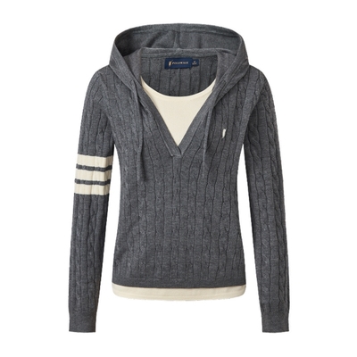 【含绵羊毛】POLOWALK女式长袖针织衫2025秋季新品绞花连帽上衣女