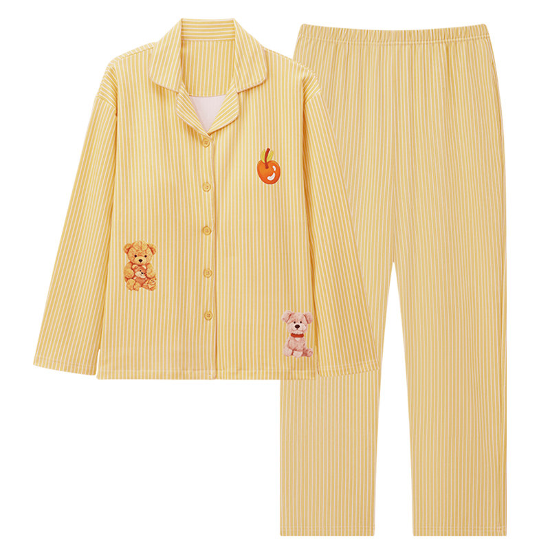 春秋新款带胸垫纯棉女卡通家居服