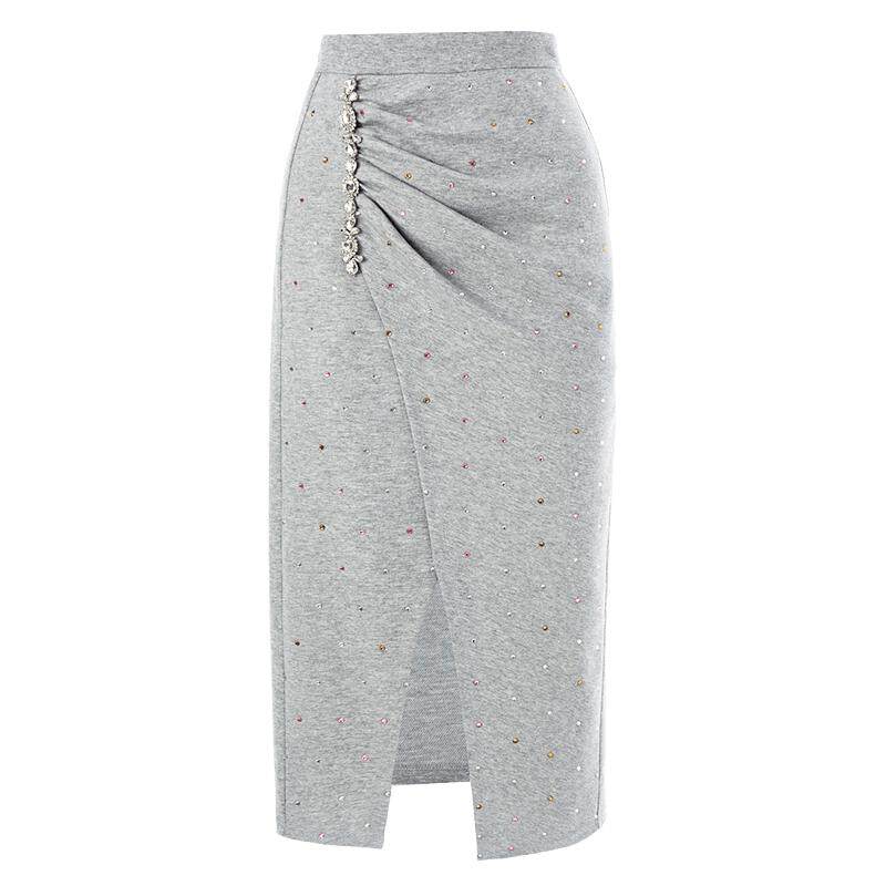 【奥莱】MAXRIENY灰色褶皱卫衣半裙春季开衩针织半身裙格雷系