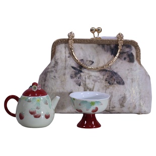 明知山志釉下彩手绘草莓新旦茶壶红色女生可爱泡茶壶套装收纳布包