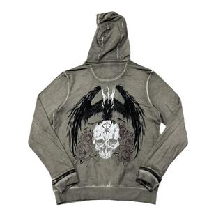 老美机车骷髅印花拉链连帽薄款小毛圈卫衣街头水洗做旧复古有大码