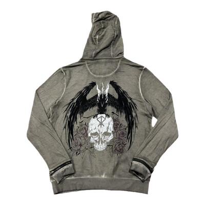 仅大码老美机车骷髅印花拉链连帽薄款小毛圈卫衣街头水洗做旧复古