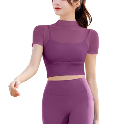 依琦莲假两件网纱短袖T恤