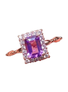 天然紫水晶戒指女戒S925纯银镶嵌长方形玫瑰金色日韩清新紫色宝石