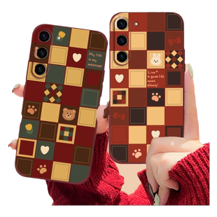 格纹白兔适用三星s23手机壳s22/21ultra秋冬s20/s10+液态硅胶a72/a70酒红色s21fe新年款note20/10/9女保护套