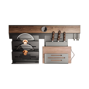 胡桃木厨房置物架调料架免打孔壁挂式多功能实木刀架锅盖架收纳架