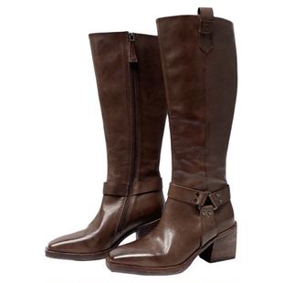 雪密欧2024新款意大利进口做旧水洗马皮高筒骑士靴女时尚马皮长靴