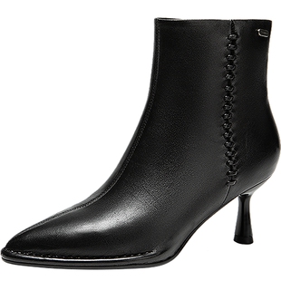 千百度细高跟羊皮靴女2025冬季寻款踝靴时尚尖头显瘦短靴时装靴