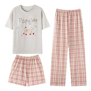 卡之恋睡衣女款2025新款夏季短袖带胸垫纯棉短裤长裤三件套家居服