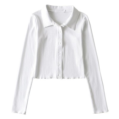 WSSTUDIOS欧美复古polo领花边长袖开衫上衣女修身短款百搭简约T恤