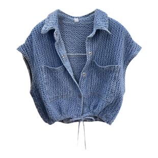 清仓秒杀~品牌折扣专柜撤回女装短款小香牛仔马甲夏宽松抽绳收腰