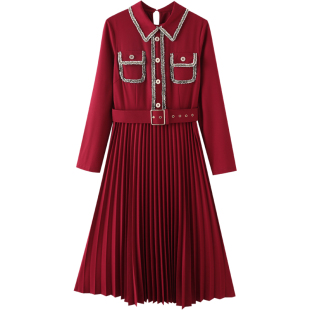 2026马年本命年衣服百褶裙秋冬新款女装礼服衬衫拜年服红色连衣裙