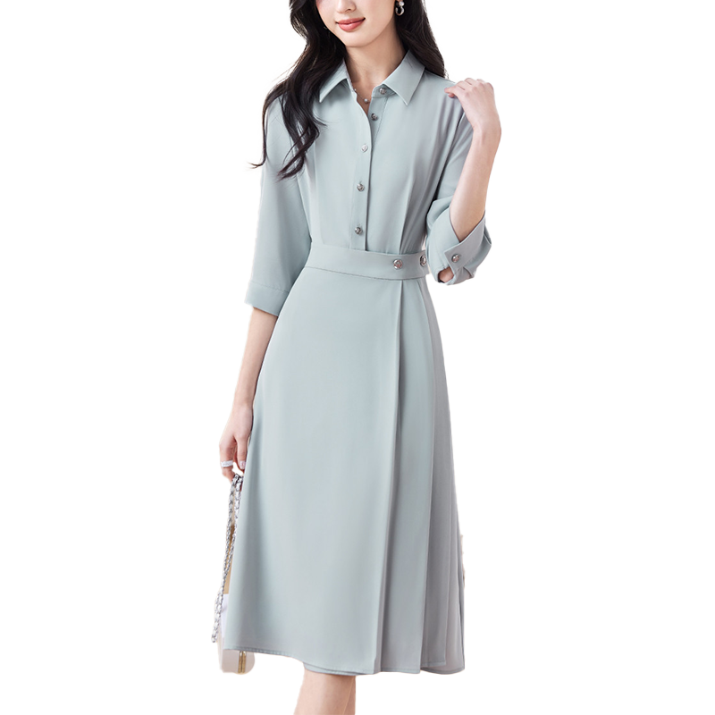 【舒适不粘身】春款翻领纯色长款连衣裙女通勤气质收腰衬衫裙垂感