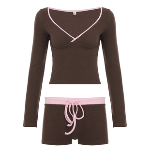 H家欧美女装 美式复古居家休闲套装撞色V领长袖T恤+系带针织短裤