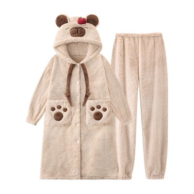 猫人珊瑚绒睡袍女款秋冬季新款