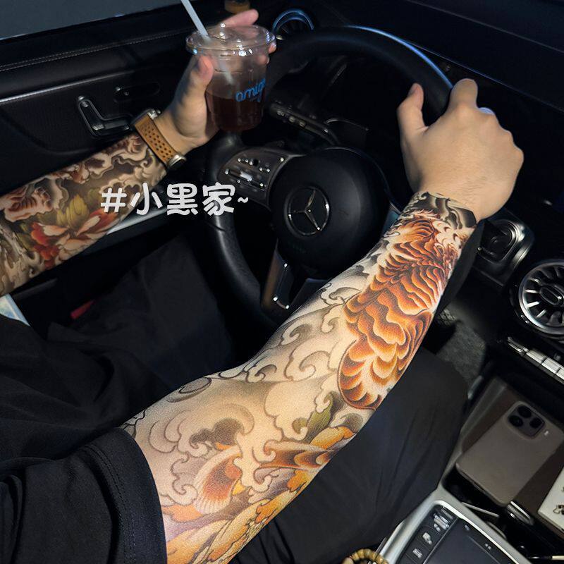 超薄无痕花臂冰袖夏季防晒仿真纹身冰丝男女户外骑行开车护臂袖套