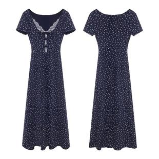 贰羊设计【蓝漪】法式碎花连衣裙女方领短袖收腰大摆长裙夏季新款