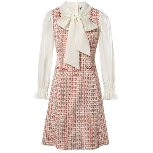 La Koradior拉珂蒂新款法式香风假两件拼接系带领气质收腰连衣裙