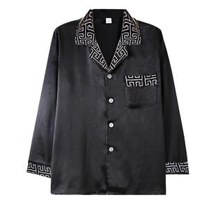 高级感男士睡衣春秋款冰丝长袖黑色时尚休闲男丝绸夏季家居服套装