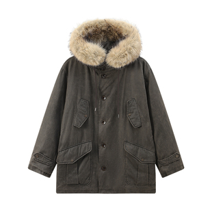 江南先生NewJNXS仿牛仔油蜡中长款工装连帽棉服可拆卸毛领棉衣冬