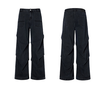 XAKA美式高街做旧水洗牛仔裤男2025夏复古褶皱设计感宽松长裤女潮