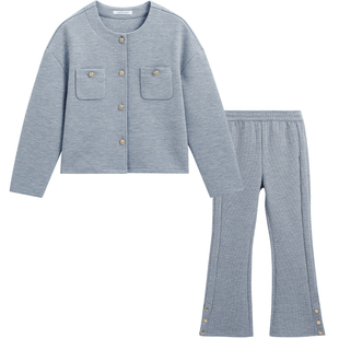 英氏女童学院风套装2026春装新款儿童小香风外套长裤华夫格两件套