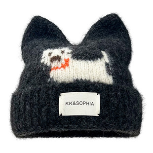 白鹿同款可爱小狗钩花猫耳朵毛线帽子女冬季加厚保暖护耳帽针织帽