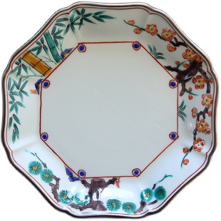现货 日本进口九谷烧手绘松竹梅八角盘 日式陶瓷餐具高级日料盘子