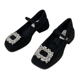 灰色水钻粗跟玛丽珍鞋女冬外穿新款韩版方头呢子单鞋加绒保暖棉鞋