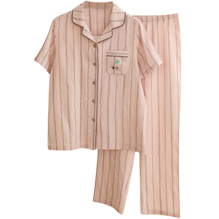 蔓秋夏季新款纯棉睡衣情侣男女款短袖长裤套装全棉纱布家居服青年