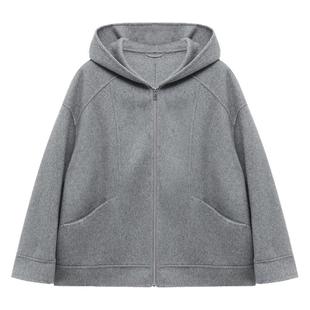 百家好灰色羊毛短款双面呢大衣女秋冬新款高级感好看连帽毛呢外套