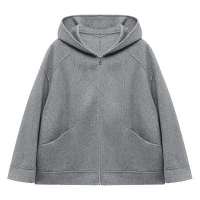 百家好灰色羊毛短款双面呢大衣女冬季新款高级感好看连帽毛呢外套