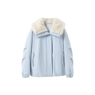 通勤风羊羔毛翻领棉服女浅蓝色直筒显瘦高级感外套