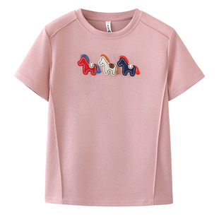 胖mmt恤女正肩2026年春夏新款短袖大码时尚小马刺绣贴布半袖上衣