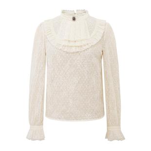 LULUALWAYS我爱露露新款优雅百搭珠片蕾丝荷叶边衬衫