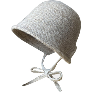 日系绑带针织毛线盆帽子秋冬季羊毛混纺保暖防寒女款洋气潮包头帽