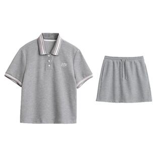 CV大码女装夏季新款英伦风重磅华夫格polo衫松紧腰短裙套装女胖mm