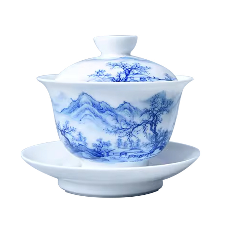 诚德轩景德镇三才盖碗茶杯滨水觅诗高档青花陶瓷功夫茶碗泡茶带盖