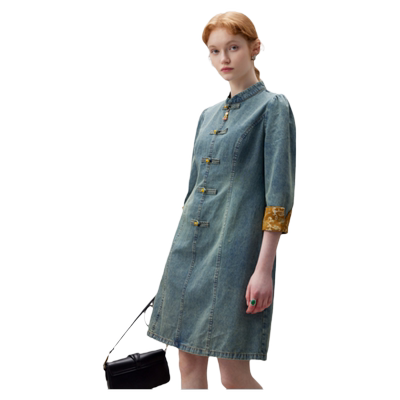 dfvc新中式国风牛仔连衣裙