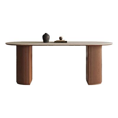 洞石岩板餐桌实木复古风