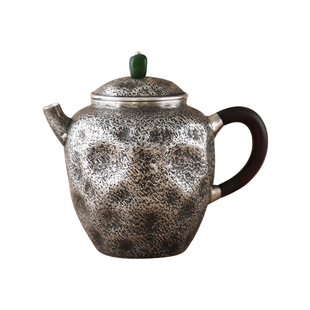 纯银时代 捶坑岩纹银壶非遗杨松柱制足银999泡茶壶复古家用150ml