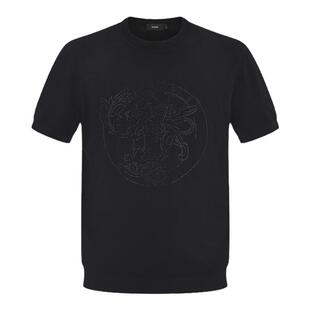 RARE威雅男装奥莱outlets夏季前胸烫钻工艺款黑色T恤短袖毛衫