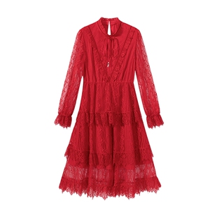 爱居兔连衣裙女春喜庆红色宽松系带立领时尚长袖连衣裙裙子女