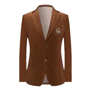 本派男士灯芯绒休闲西装男英伦学院风徽章西装外套男高定棕色西服