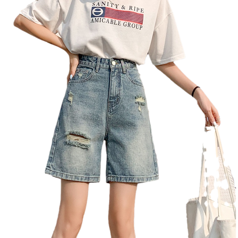 破洞五分牛仔短裤女2025年夏季薄款新款高腰显瘦宽松中裤直筒短裤
