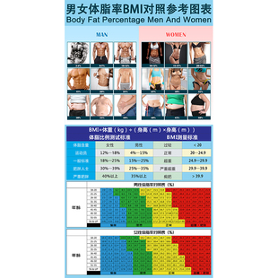 健身房男女体脂率BMI对照表人体姿势对比图体脂表体态评估表壁画