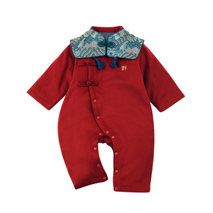 婴儿红色喜庆衣服过年宝宝连体衣夹棉加厚保暖冬装小月龄外出爬服