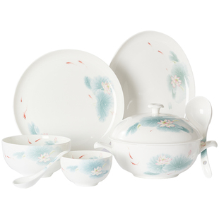 华光国瓷抗菌骨瓷碗碟餐具套装家用中式高温釉中彩礼盒装春江水暖