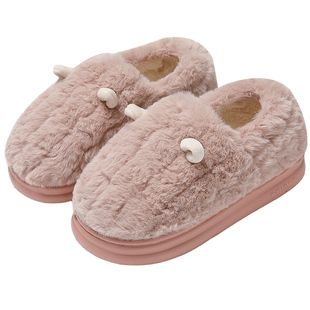 红豆毛毛绒棉拖鞋女士冬季包跟室内家居2025新款厚底保暖棉鞋外穿